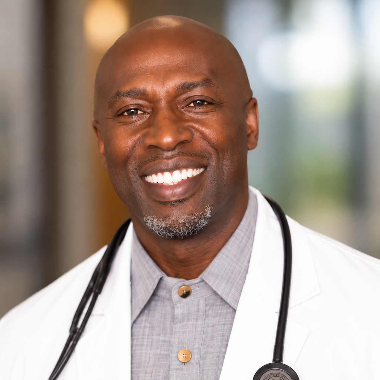 Dr Bonsu smiling professional headshot in White Coat